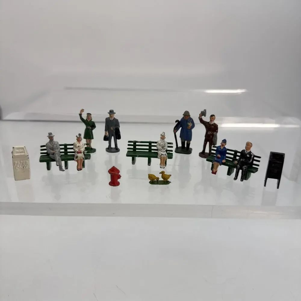16 Barclay Manoil Painted Lead Traveler Figurines, Benches, Mailbox, Trash, Duck